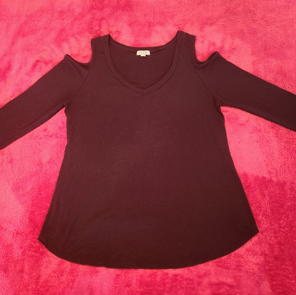 Long Sleeve Shoulderless V Neck Shirt Blouse Black Cotton Size Medium